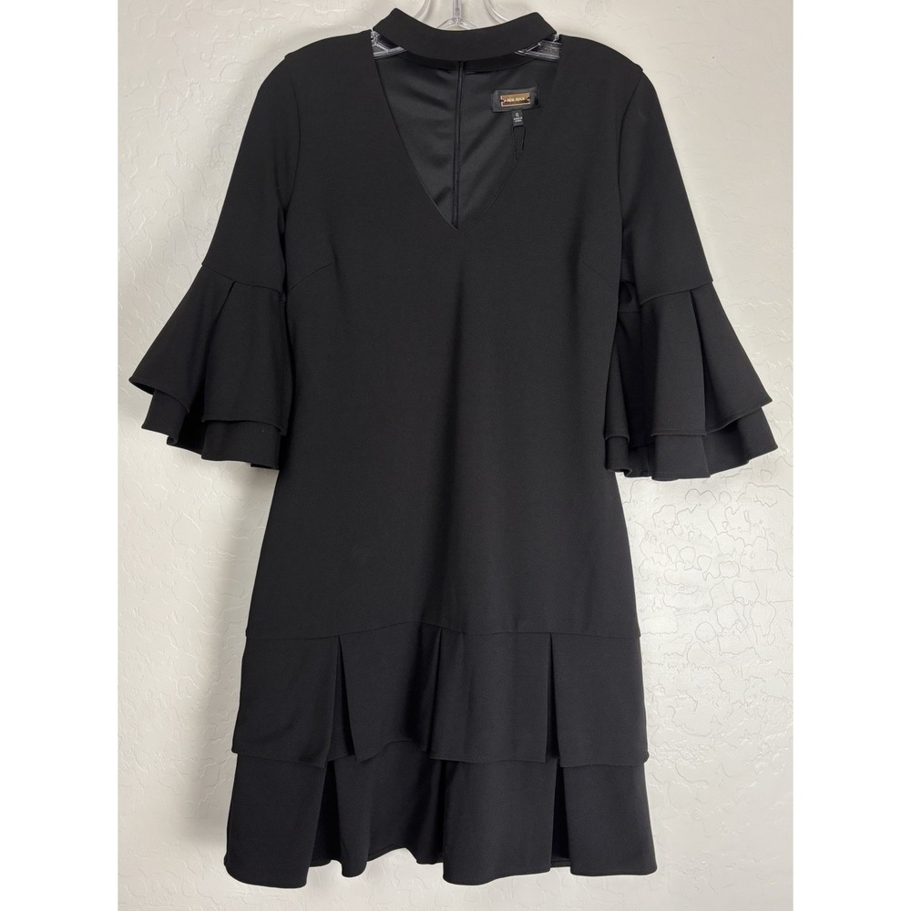 New Alexia Admor Party Dress Shift Ruffles Stretch Long Sleeve Sz 6 Black 1972